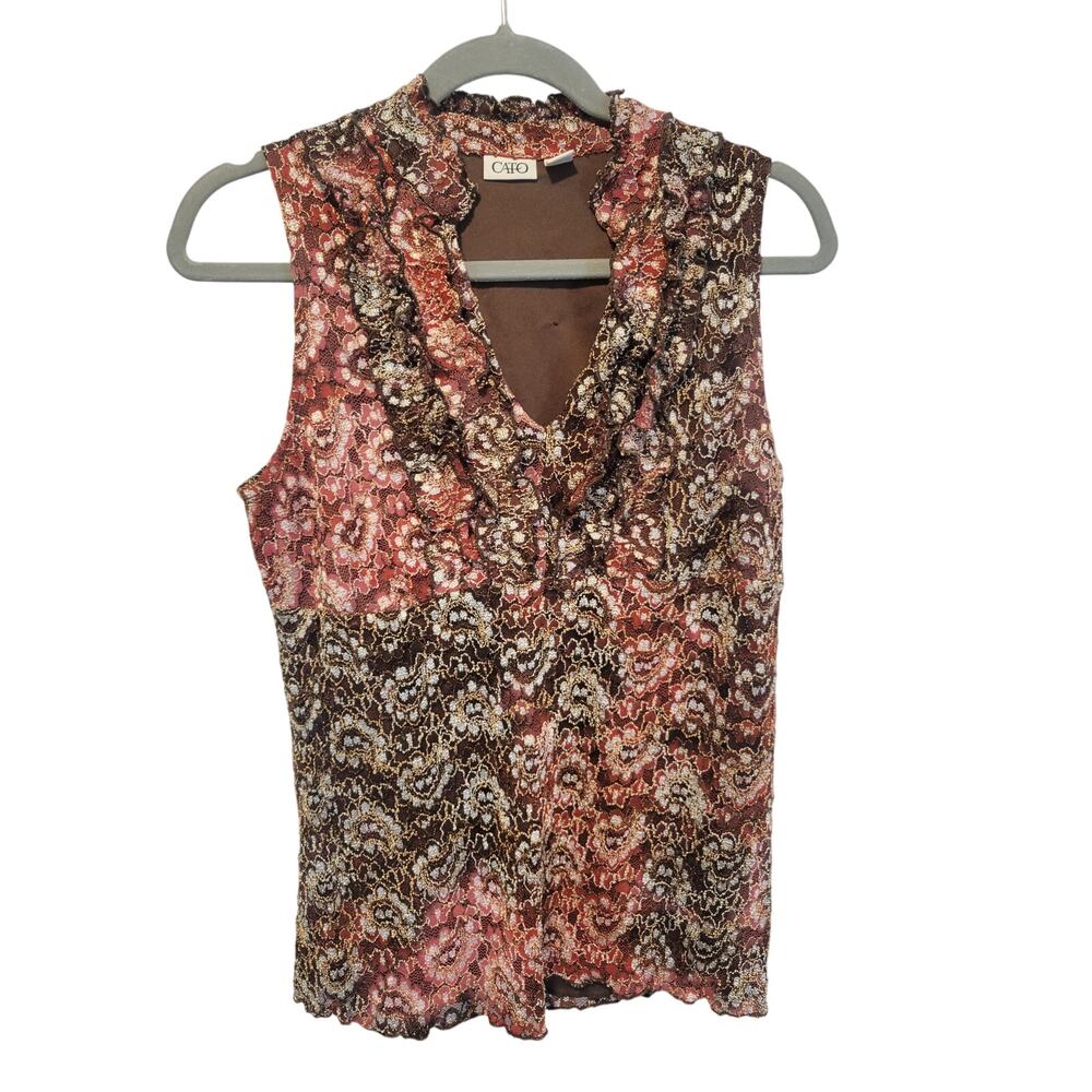 Cato L Brown Dark Red Black Lace Sleeveless VNeck Blouse Office Whimsigoth Fairy